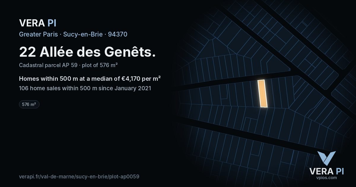22 Allée des Genêts, Sucy-en-Brie at night – the plot lit, the parcels around coloured by the prices near them