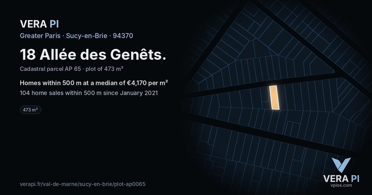 18 Allée des Genêts, Sucy-en-Brie at night – the plot lit, the parcels around coloured by the prices near them