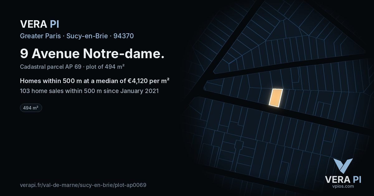 9 Avenue Notre-dame, Sucy-en-Brie at night – the plot lit, the parcels around coloured by the prices near them