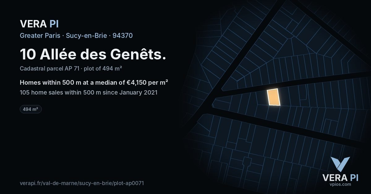 10 Allée des Genêts, Sucy-en-Brie at night – the plot lit, the parcels around coloured by the prices near them