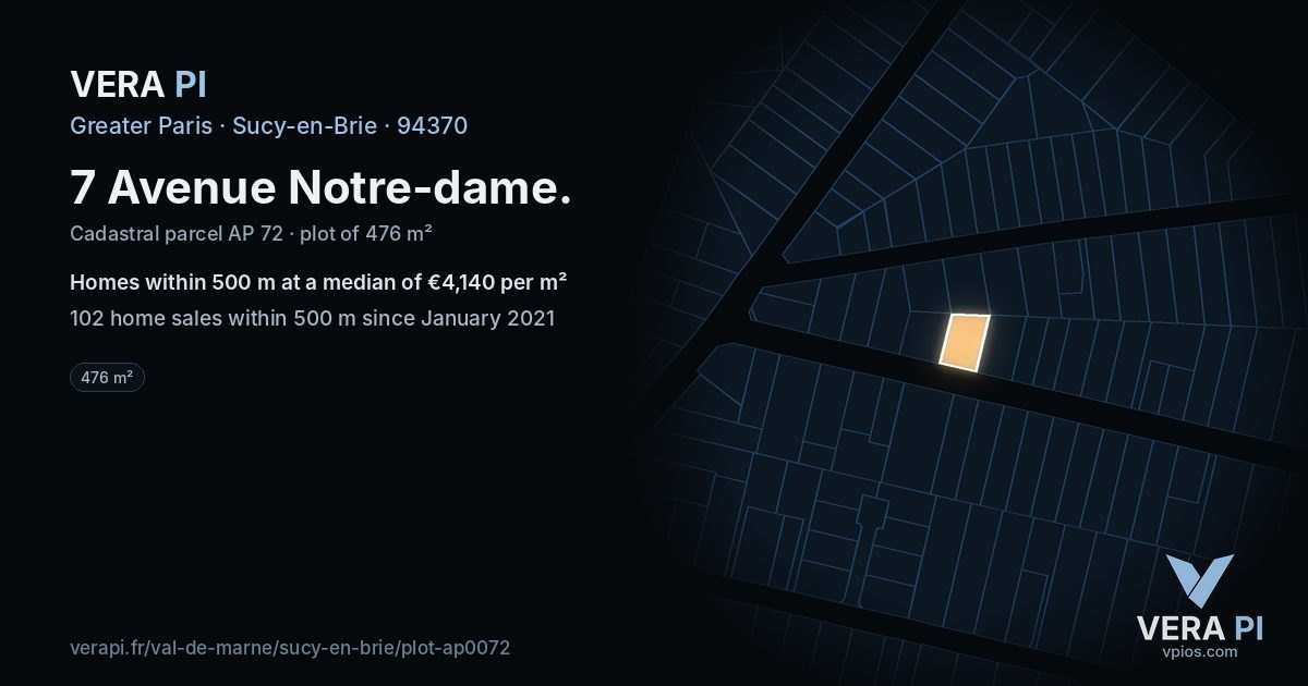 7 Avenue Notre-dame, Sucy-en-Brie at night – the plot lit, the parcels around coloured by the prices near them