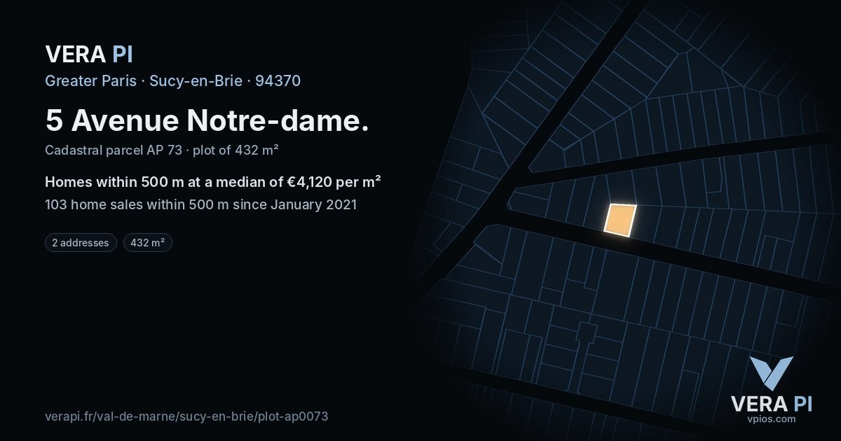 5 Avenue Notre-dame, Sucy-en-Brie at night – the plot lit, the parcels around coloured by the prices near them