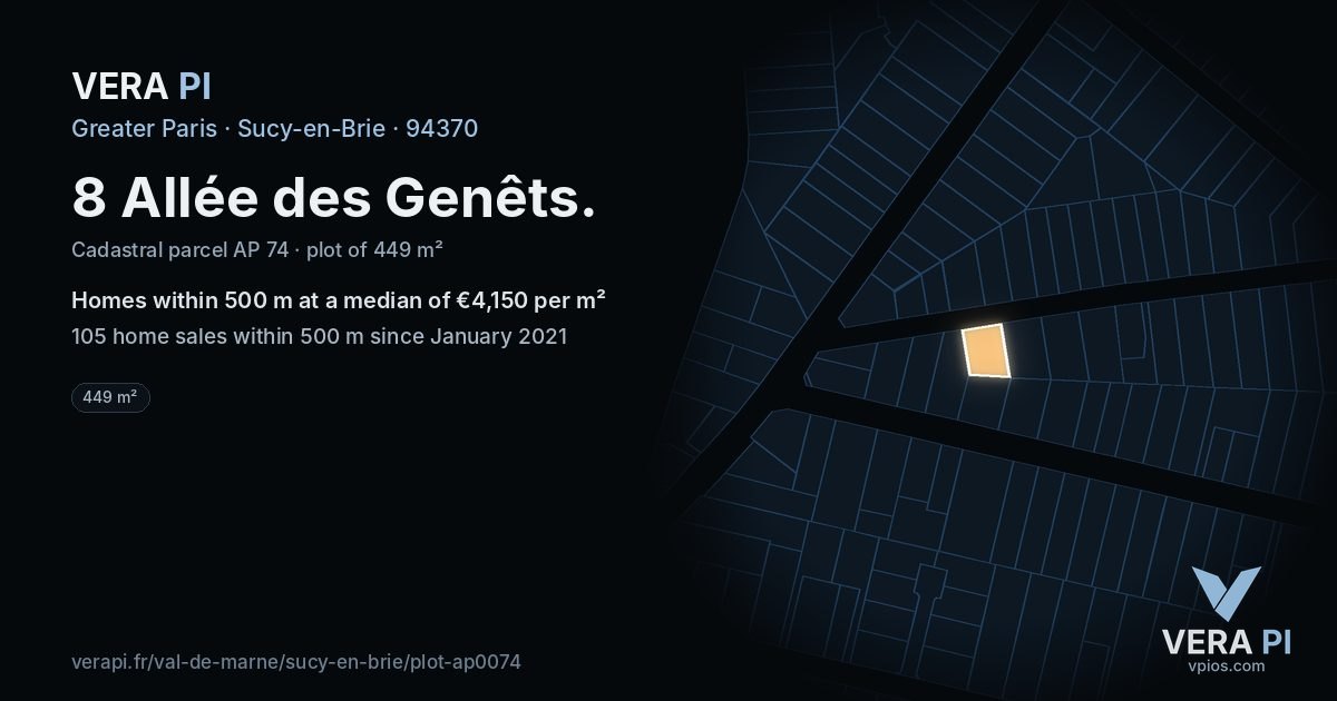 8 Allée des Genêts, Sucy-en-Brie at night – the plot lit, the parcels around coloured by the prices near them