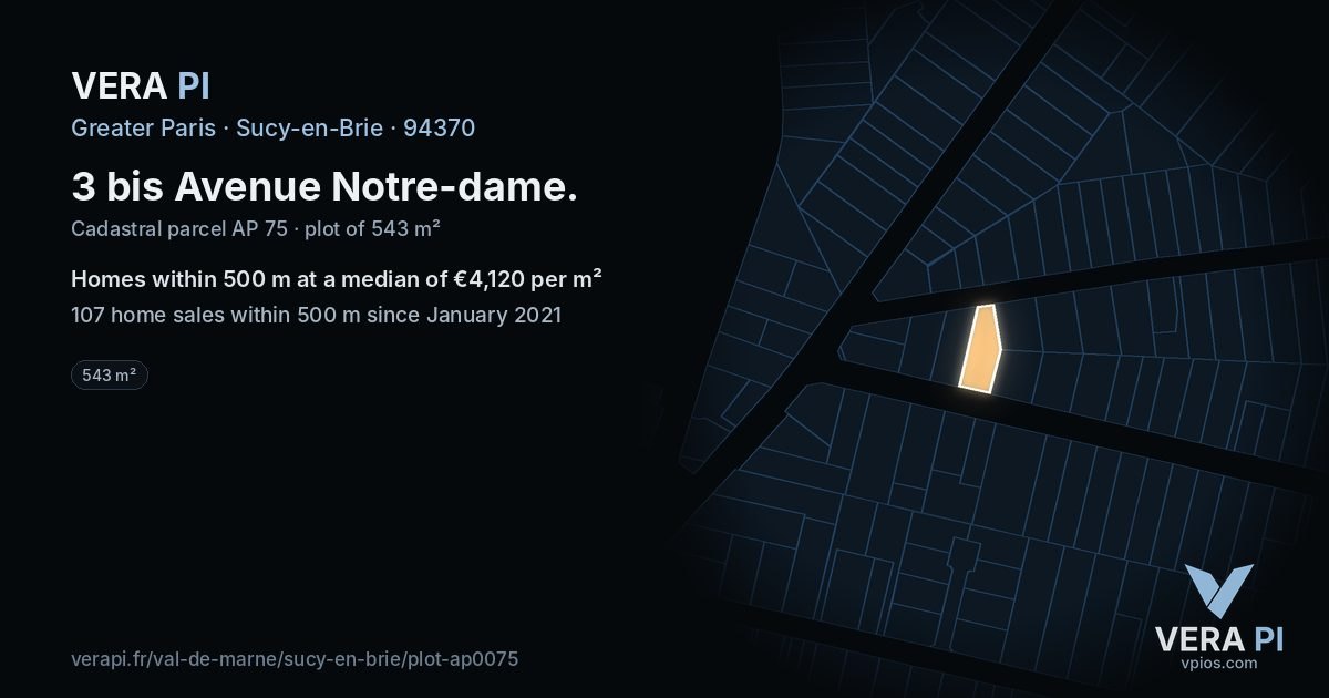 3 bis Avenue Notre-dame, Sucy-en-Brie at night – the plot lit, the parcels around coloured by the prices near them