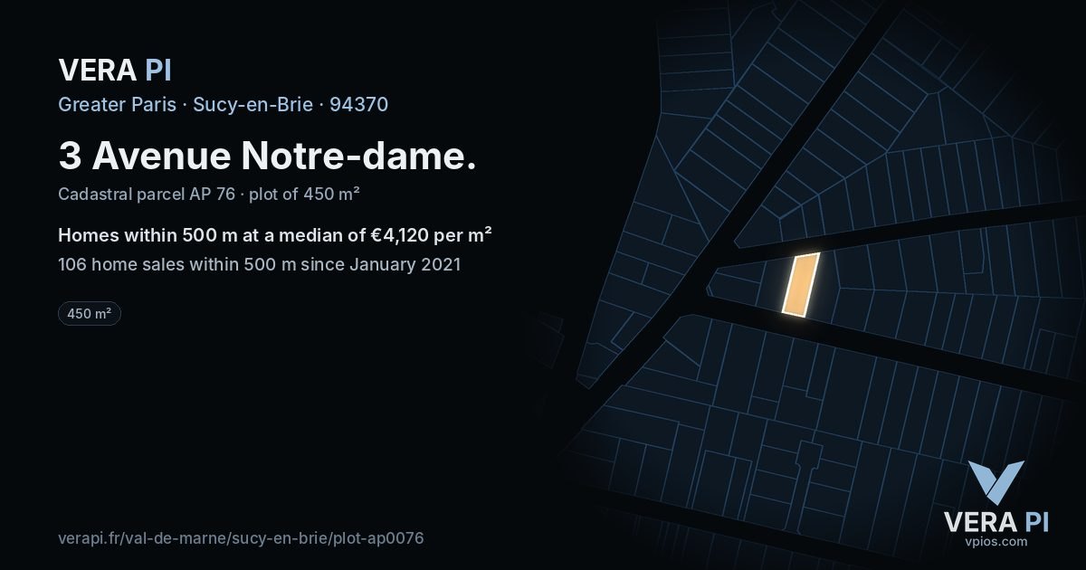 3 Avenue Notre-dame, Sucy-en-Brie at night – the plot lit, the parcels around coloured by the prices near them