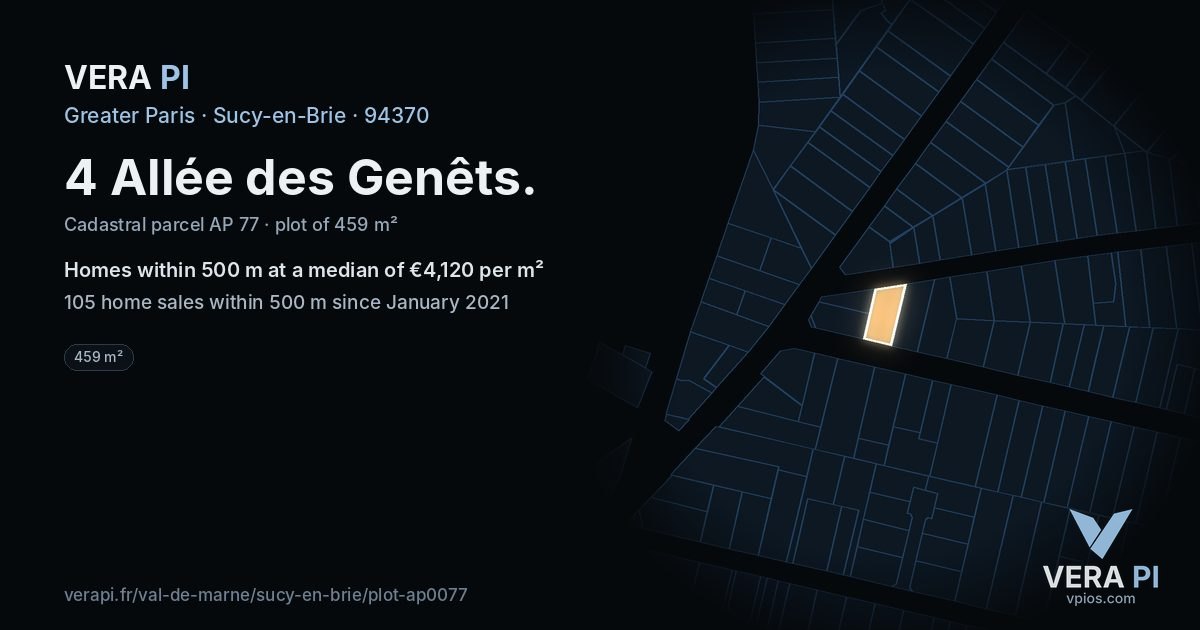 4 Allée des Genêts, Sucy-en-Brie at night – the plot lit, the parcels around coloured by the prices near them