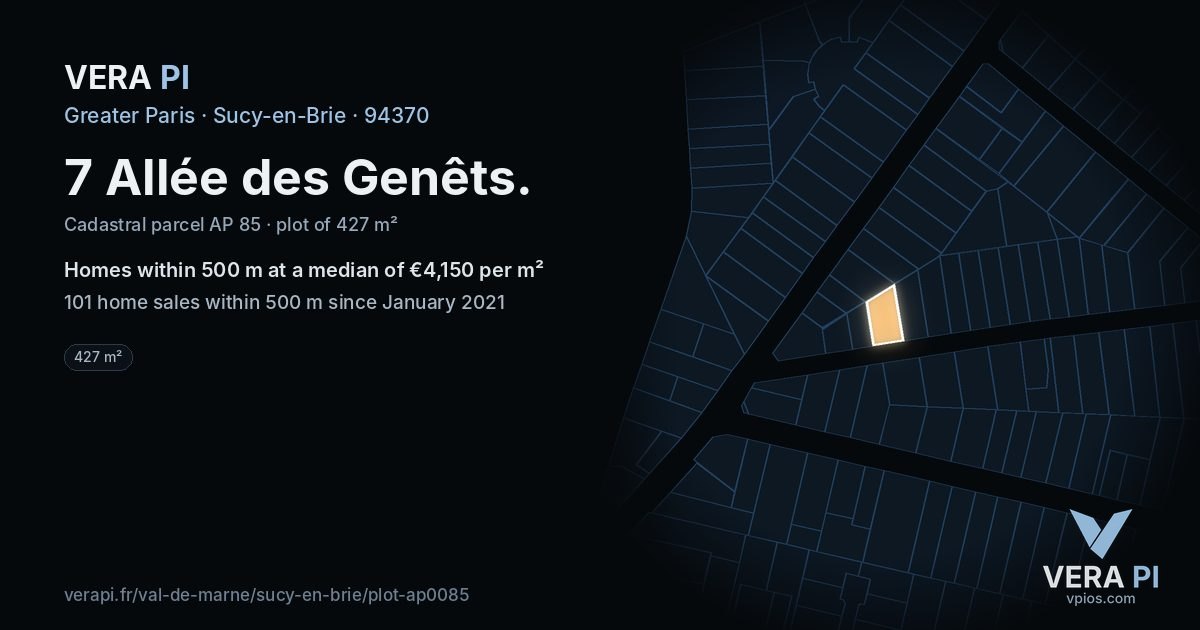 7 Allée des Genêts, Sucy-en-Brie at night – the plot lit, the parcels around coloured by the prices near them