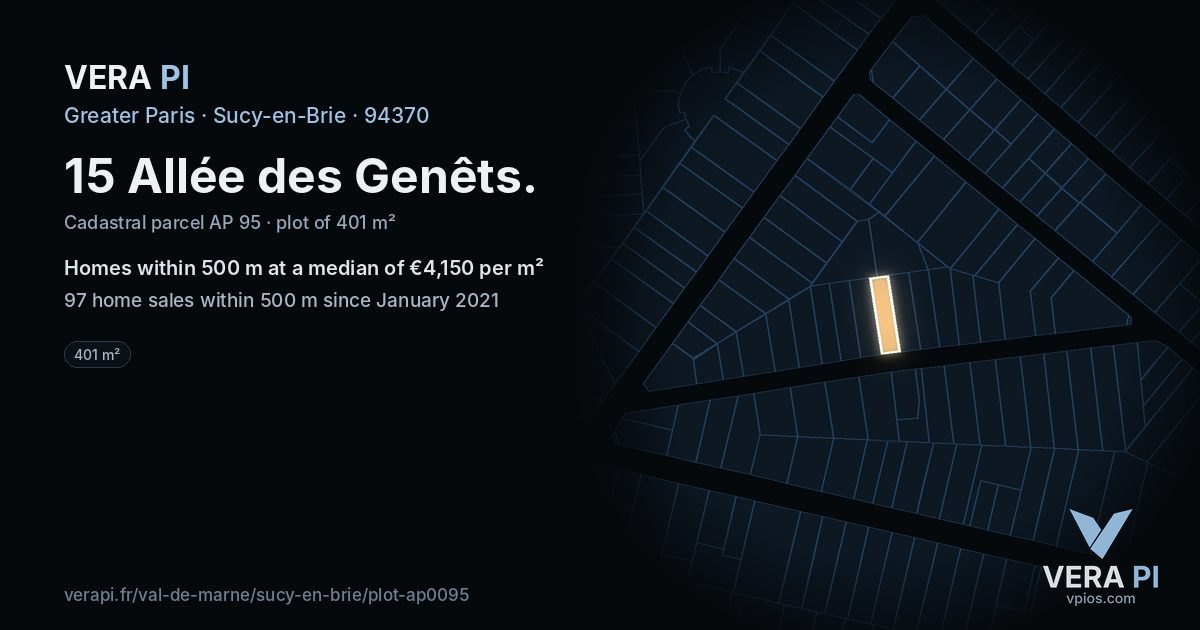 15 Allée des Genêts, Sucy-en-Brie at night – the plot lit, the parcels around coloured by the prices near them