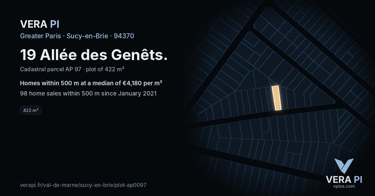 19 Allée des Genêts, Sucy-en-Brie at night – the plot lit, the parcels around coloured by the prices near them