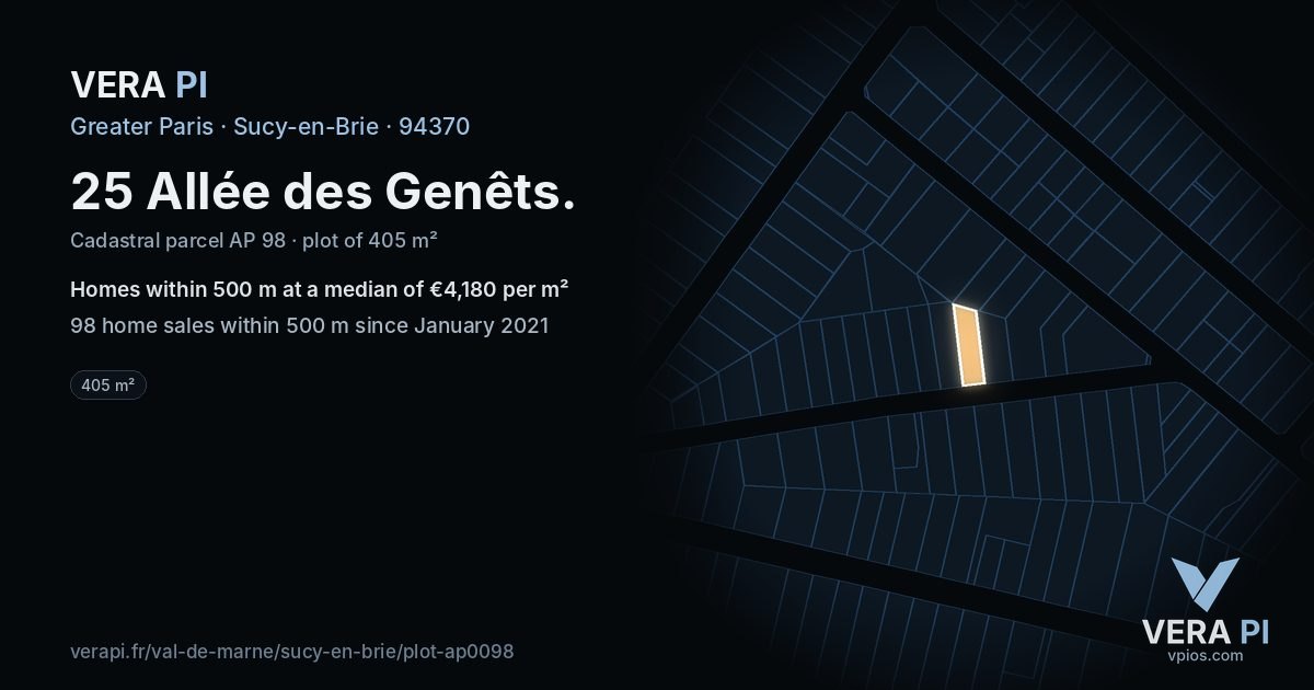 25 Allée des Genêts, Sucy-en-Brie at night – the plot lit, the parcels around coloured by the prices near them