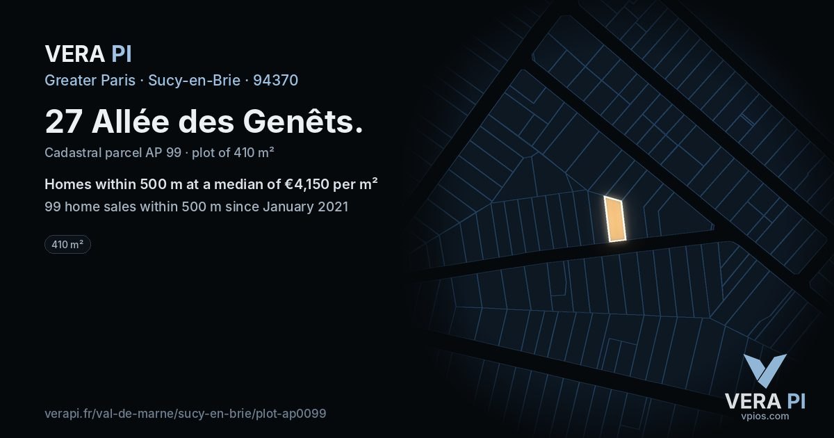 27 Allée des Genêts, Sucy-en-Brie at night – the plot lit, the parcels around coloured by the prices near them