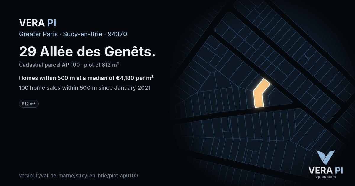 29 Allée des Genêts, Sucy-en-Brie at night – the plot lit, the parcels around coloured by the prices near them
