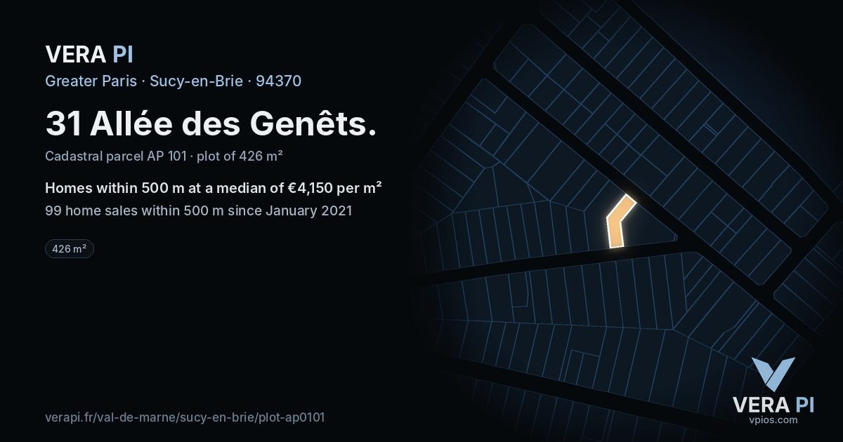 31 Allée des Genêts, Sucy-en-Brie at night – the plot lit, the parcels around coloured by the prices near them