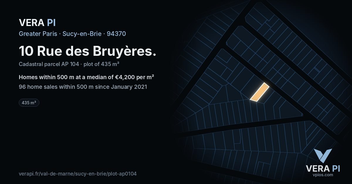 10 Rue des Bruyères, Sucy-en-Brie at night – the plot lit, the parcels around coloured by the prices near them