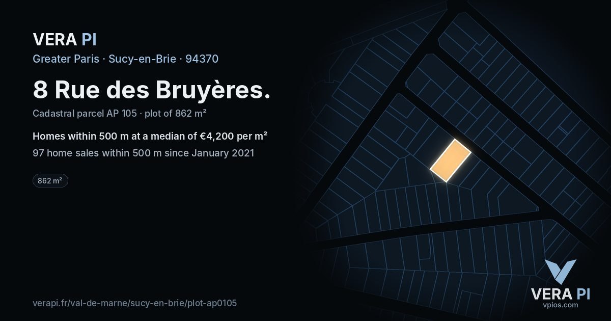 8 Rue des Bruyères, Sucy-en-Brie at night – the plot lit, the parcels around coloured by the prices near them