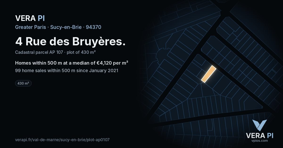 4 Rue des Bruyères, Sucy-en-Brie at night – the plot lit, the parcels around coloured by the prices near them