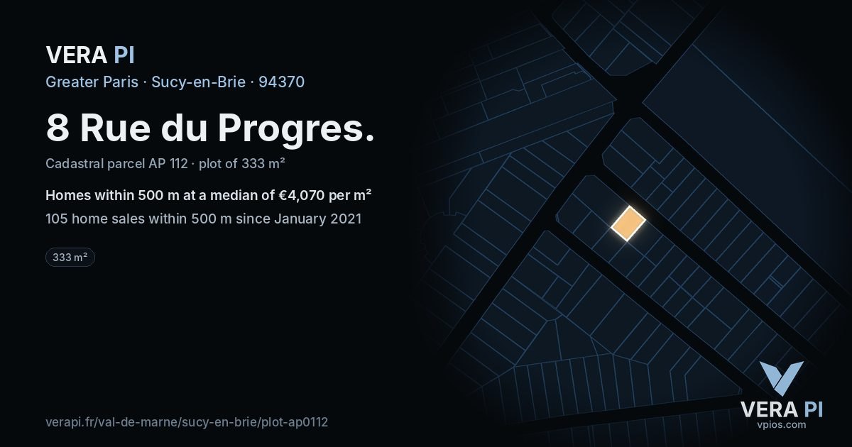 8 Rue du Progres, Sucy-en-Brie at night – the plot lit, the parcels around coloured by the prices near them