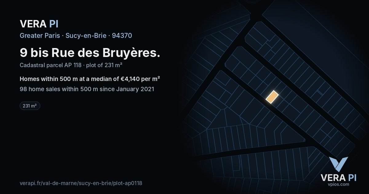 9 bis Rue des Bruyères, Sucy-en-Brie at night – the plot lit, the parcels around coloured by the prices near them
