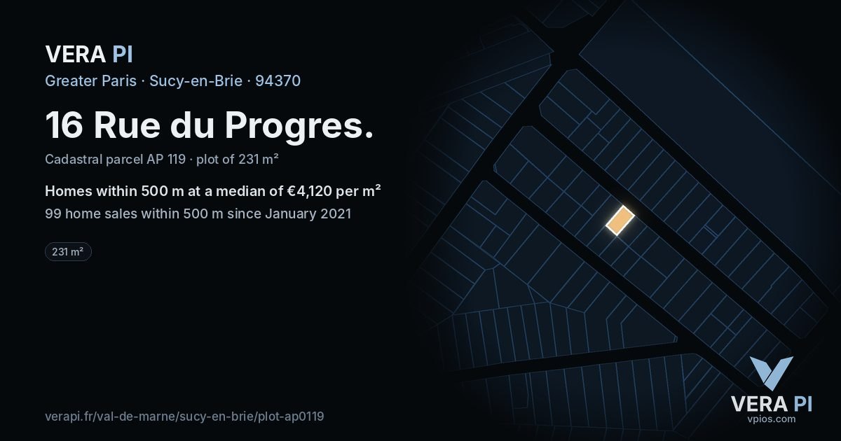 16 Rue du Progres, Sucy-en-Brie at night – the plot lit, the parcels around coloured by the prices near them