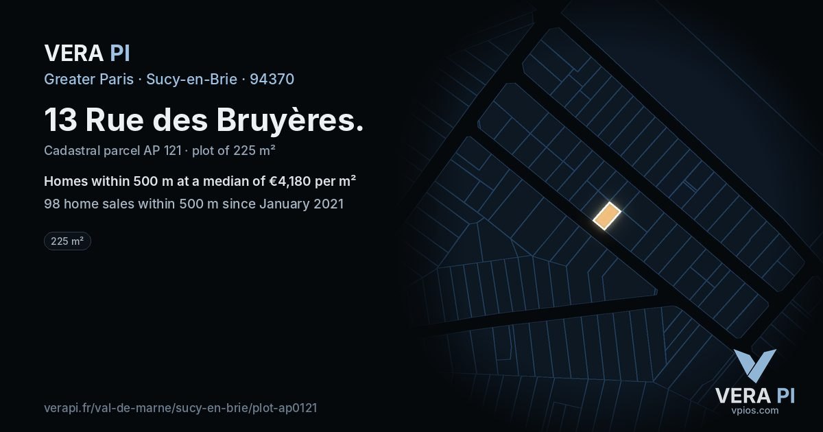 13 Rue des Bruyères, Sucy-en-Brie at night – the plot lit, the parcels around coloured by the prices near them