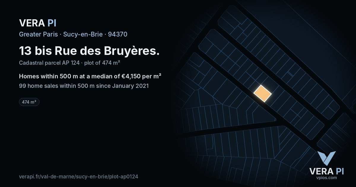13 bis Rue des Bruyères, Sucy-en-Brie at night – the plot lit, the parcels around coloured by the prices near them