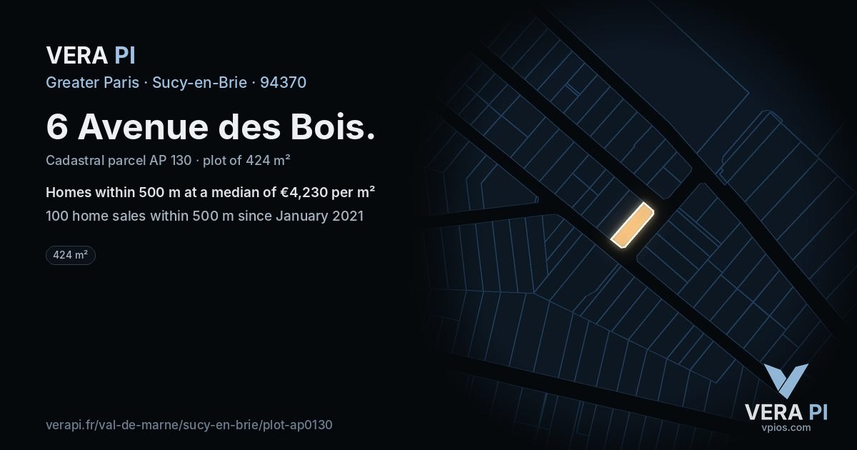 6 Avenue des Bois, Sucy-en-Brie at night – the plot lit, the parcels around coloured by the prices near them