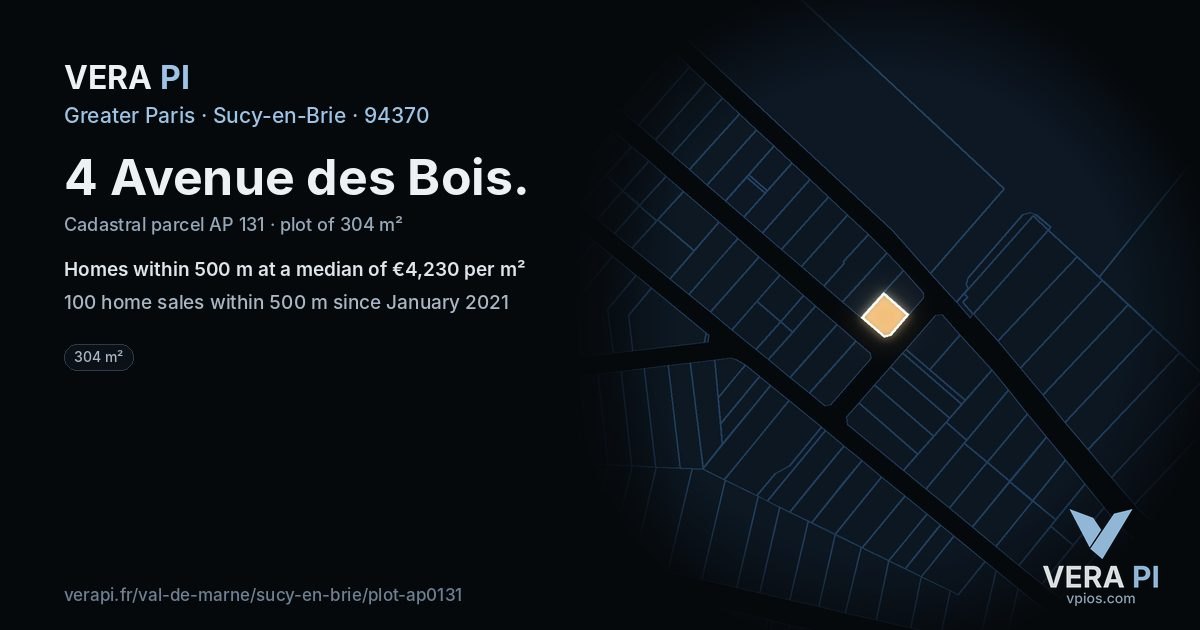 4 Avenue des Bois, Sucy-en-Brie at night – the plot lit, the parcels around coloured by the prices near them