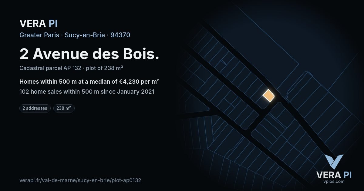 2 Avenue des Bois, Sucy-en-Brie at night – the plot lit, the parcels around coloured by the prices near them