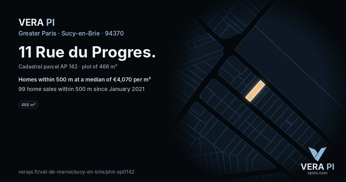 11 Rue du Progres, Sucy-en-Brie at night – the plot lit, the parcels around coloured by the prices near them