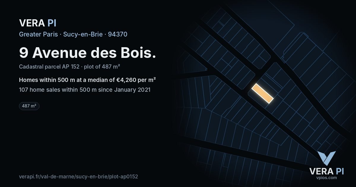 9 Avenue des Bois, Sucy-en-Brie at night – the plot lit, the parcels around coloured by the prices near them