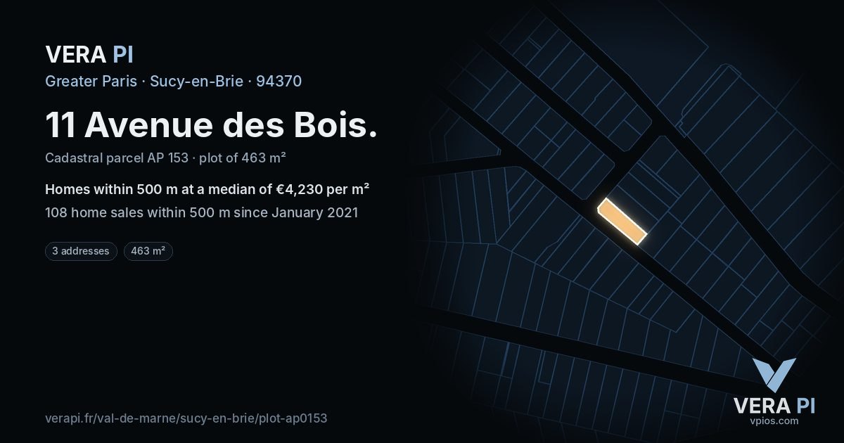 11 Avenue des Bois, Sucy-en-Brie at night – the plot lit, the parcels around coloured by the prices near them