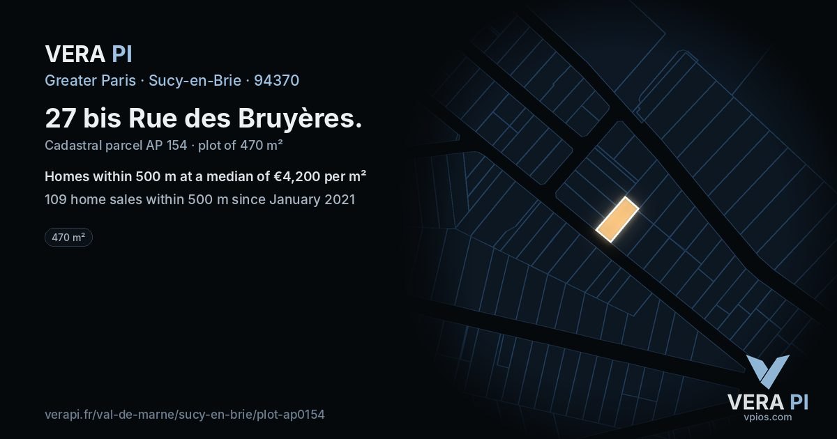 27 bis Rue des Bruyères, Sucy-en-Brie at night – the plot lit, the parcels around coloured by the prices near them
