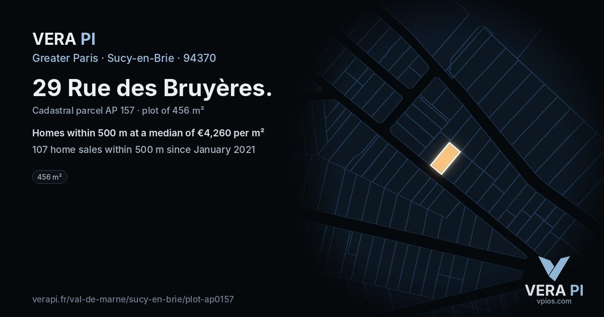 29 Rue des Bruyères, Sucy-en-Brie at night – the plot lit, the parcels around coloured by the prices near them
