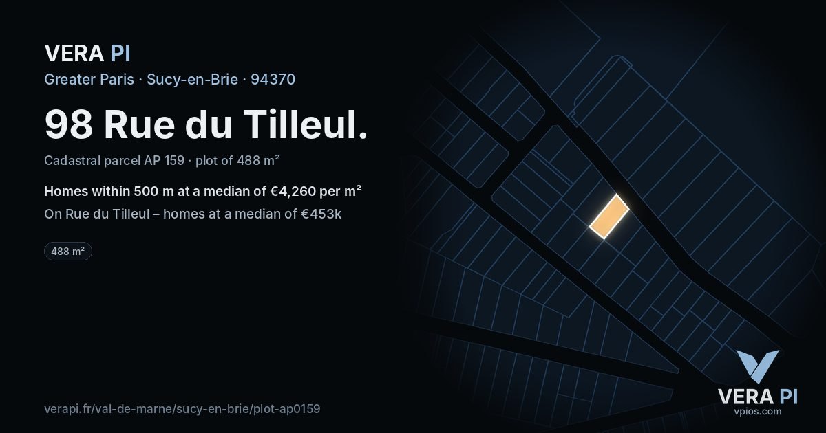 98 Rue du Tilleul, Sucy-en-Brie at night – the plot lit, the parcels around coloured by the prices near them