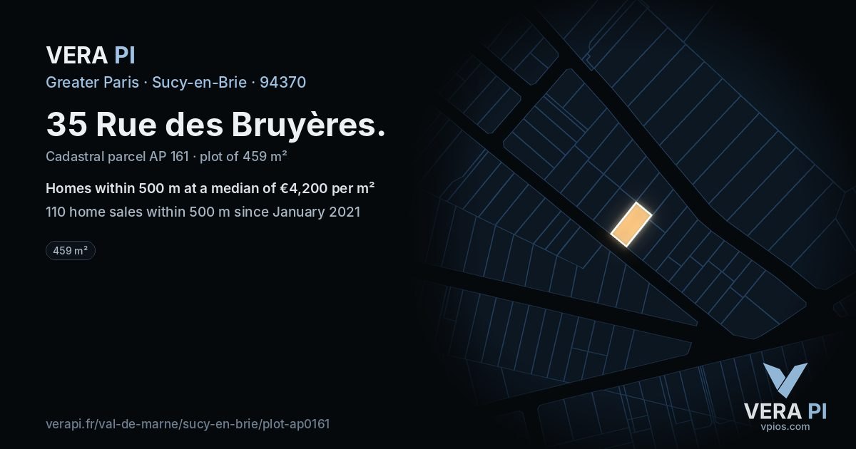 35 Rue des Bruyères, Sucy-en-Brie at night – the plot lit, the parcels around coloured by the prices near them