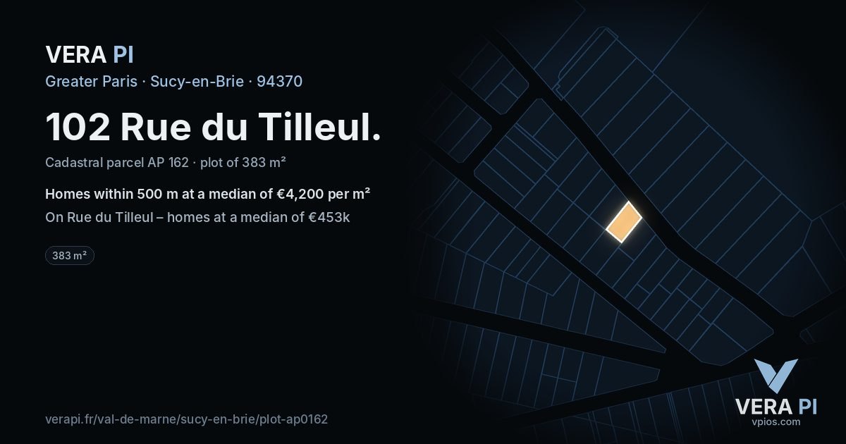102 Rue du Tilleul, Sucy-en-Brie at night – the plot lit, the parcels around coloured by the prices near them