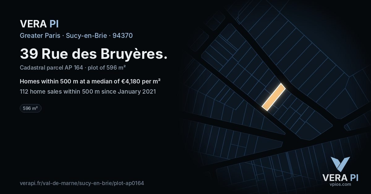 39 Rue des Bruyères, Sucy-en-Brie at night – the plot lit, the parcels around coloured by the prices near them