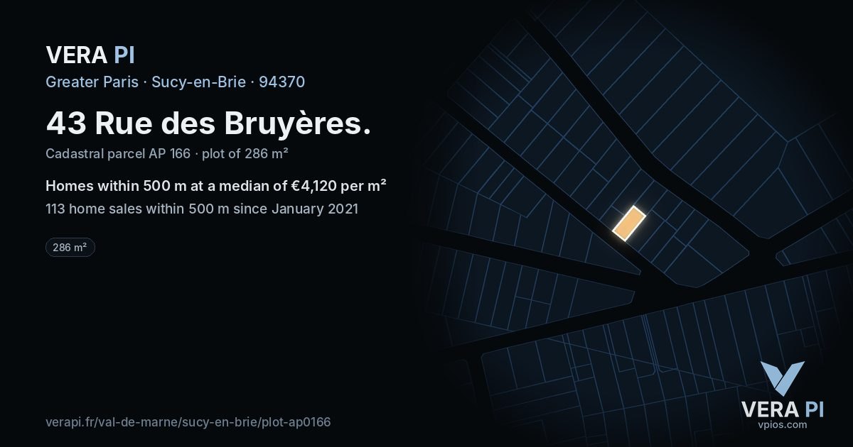 43 Rue des Bruyères, Sucy-en-Brie at night – the plot lit, the parcels around coloured by the prices near them