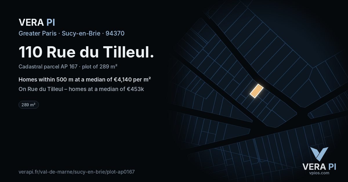 110 Rue du Tilleul, Sucy-en-Brie at night – the plot lit, the parcels around coloured by the prices near them