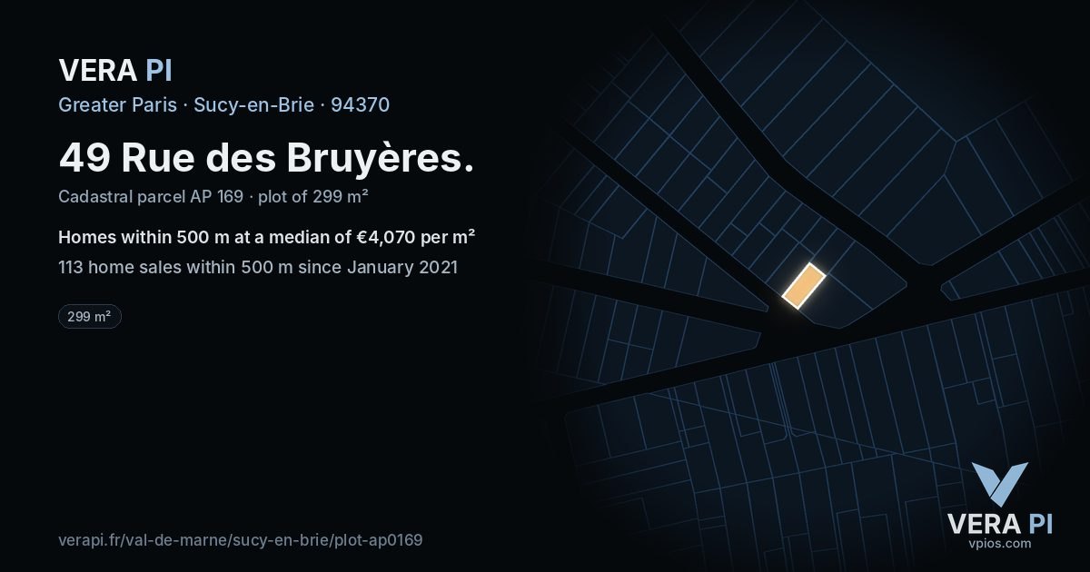 49 Rue des Bruyères, Sucy-en-Brie at night – the plot lit, the parcels around coloured by the prices near them