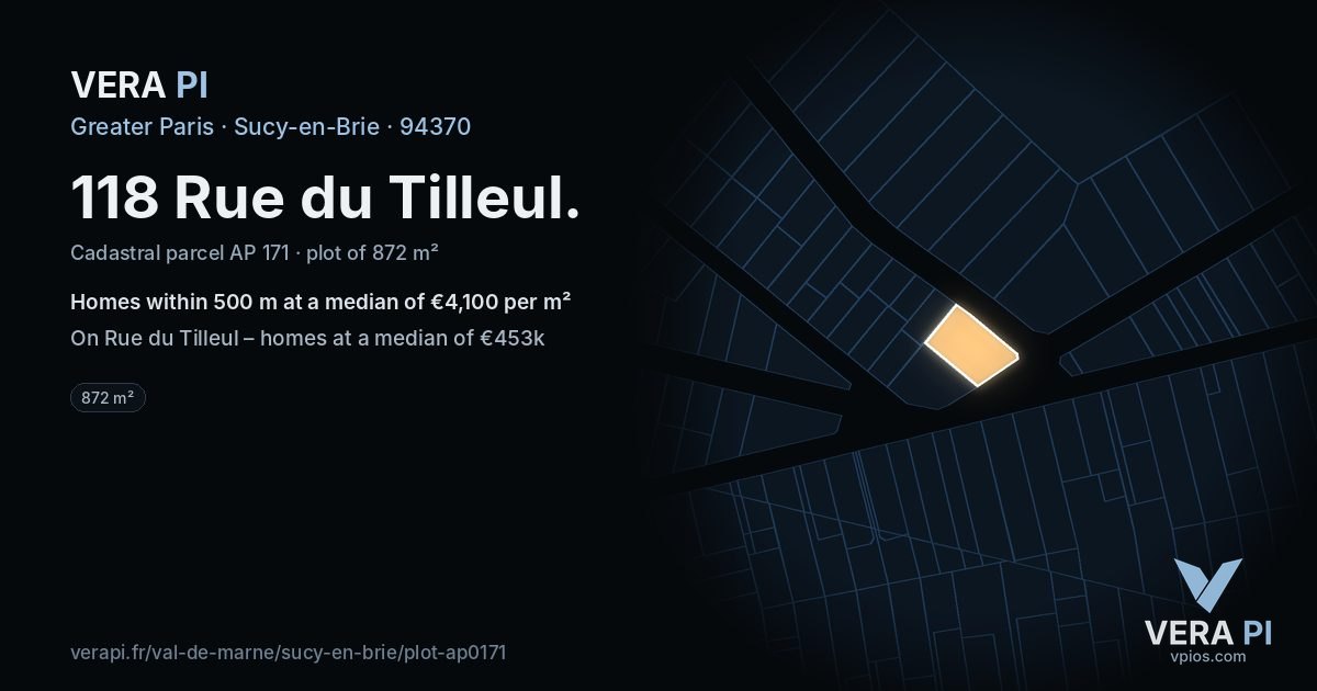 118 Rue du Tilleul, Sucy-en-Brie at night – the plot lit, the parcels around coloured by the prices near them
