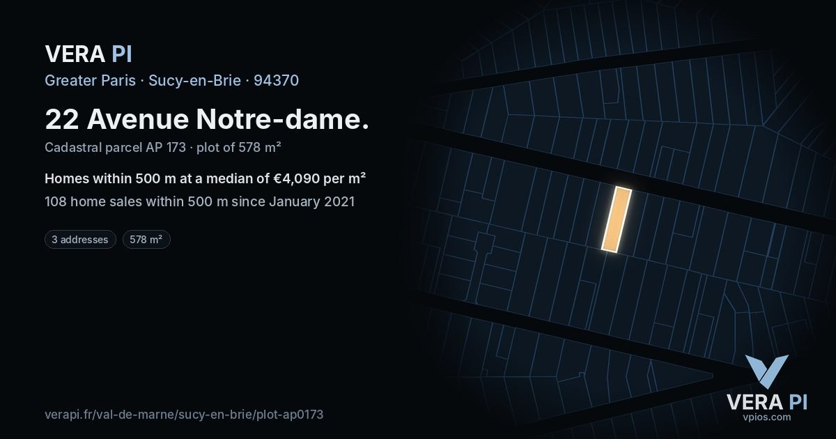 22 Avenue Notre-dame, Sucy-en-Brie at night – the plot lit, the parcels around coloured by the prices near them