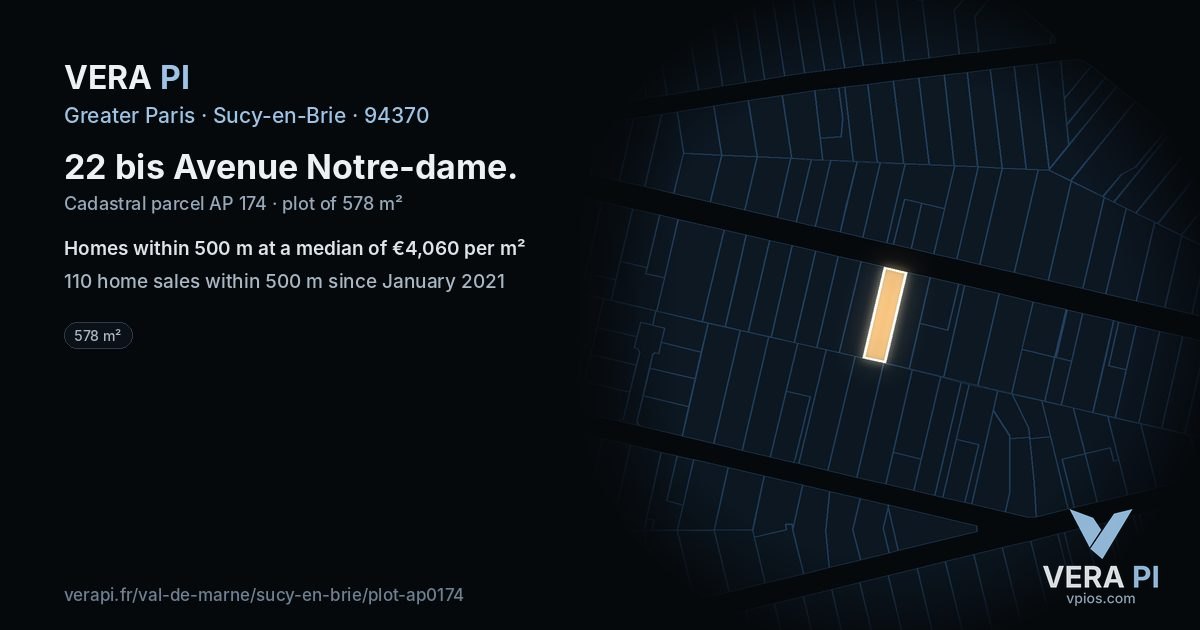 22 bis Avenue Notre-dame, Sucy-en-Brie at night – the plot lit, the parcels around coloured by the prices near them