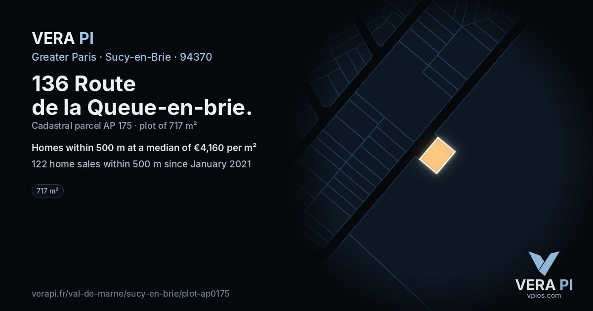 136 Route de la Queue-en-brie, Sucy-en-Brie at night – the plot lit, the parcels around coloured by the prices near them