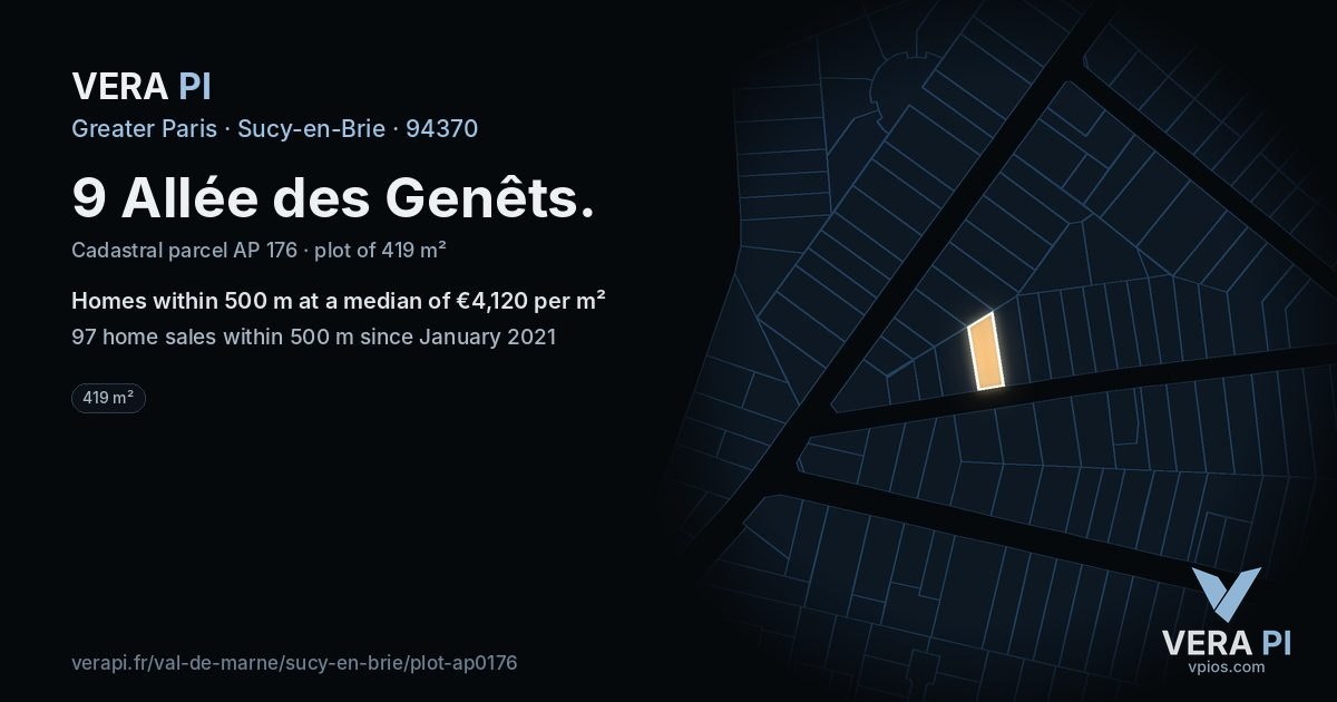 9 Allée des Genêts, Sucy-en-Brie at night – the plot lit, the parcels around coloured by the prices near them