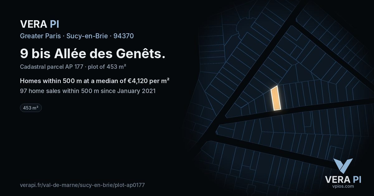 9 bis Allée des Genêts, Sucy-en-Brie at night – the plot lit, the parcels around coloured by the prices near them