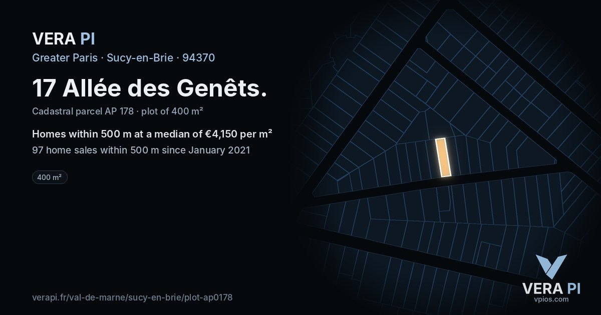 17 Allée des Genêts, Sucy-en-Brie at night – the plot lit, the parcels around coloured by the prices near them