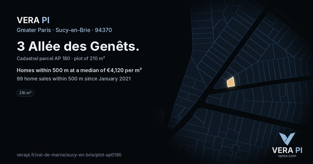 3 Allée des Genêts, Sucy-en-Brie at night – the plot lit, the parcels around coloured by the prices near them