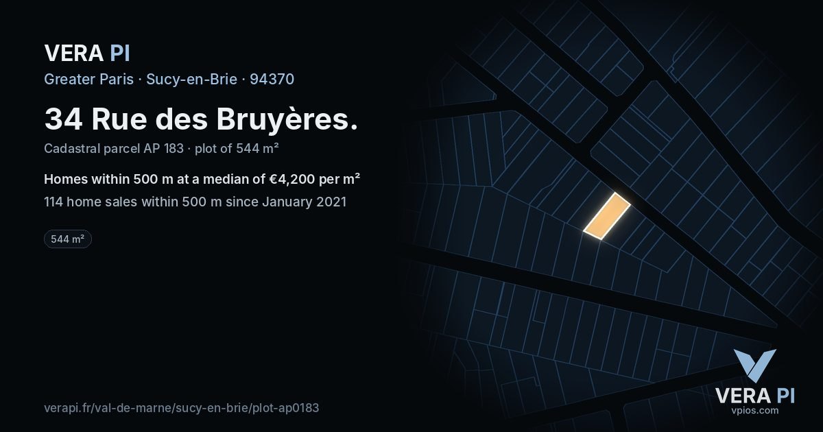 34 Rue des Bruyères, Sucy-en-Brie at night – the plot lit, the parcels around coloured by the prices near them