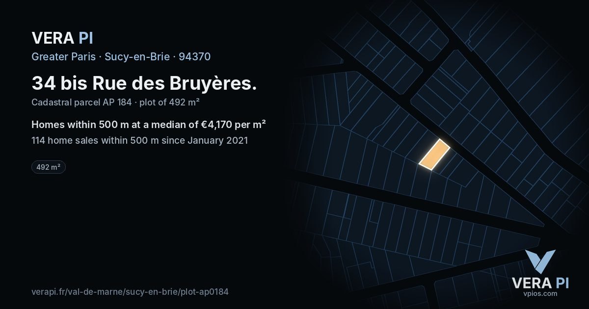 34 bis Rue des Bruyères, Sucy-en-Brie at night – the plot lit, the parcels around coloured by the prices near them